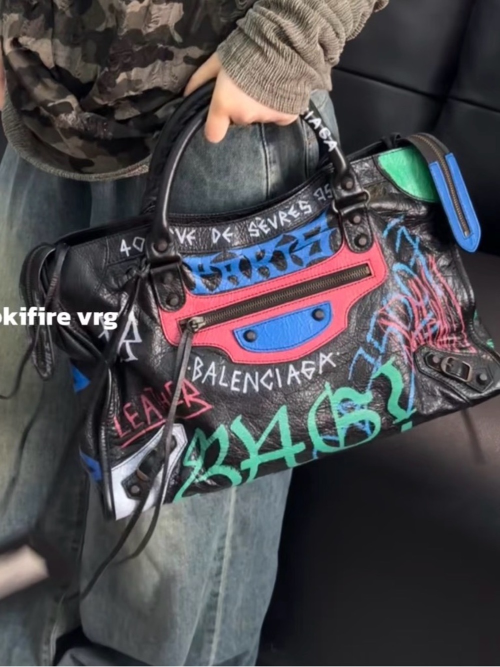 Balenciaga Black Leather Graffiti Satchel with Multicolor Accents